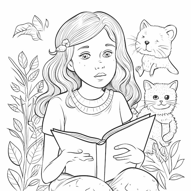 Vector a drawing of a girl reading a book with a cat and a cat.