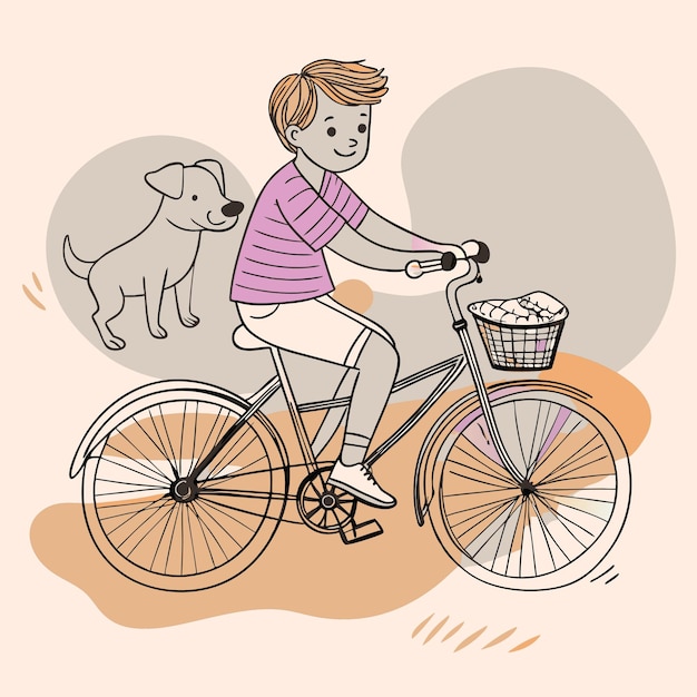 Vector a drawing of a girl riding a bike with a dog and a basket of food