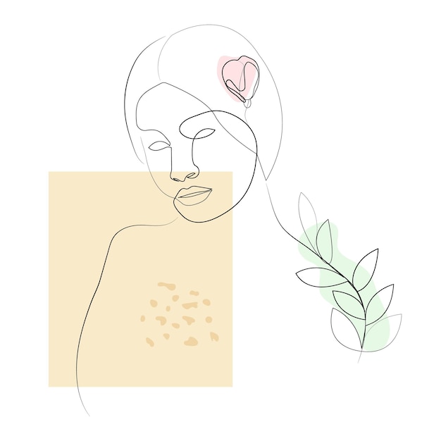 Drawing of a girl's face with flowers and leaves in one line