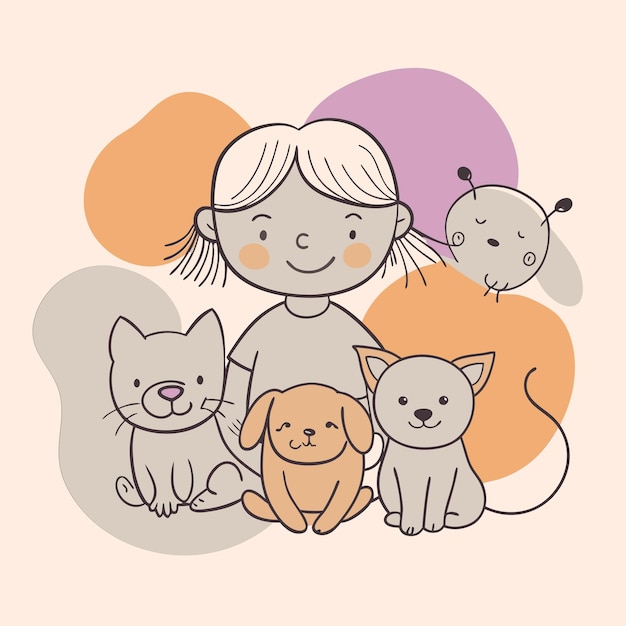 a drawing of a girl with cats and a cat