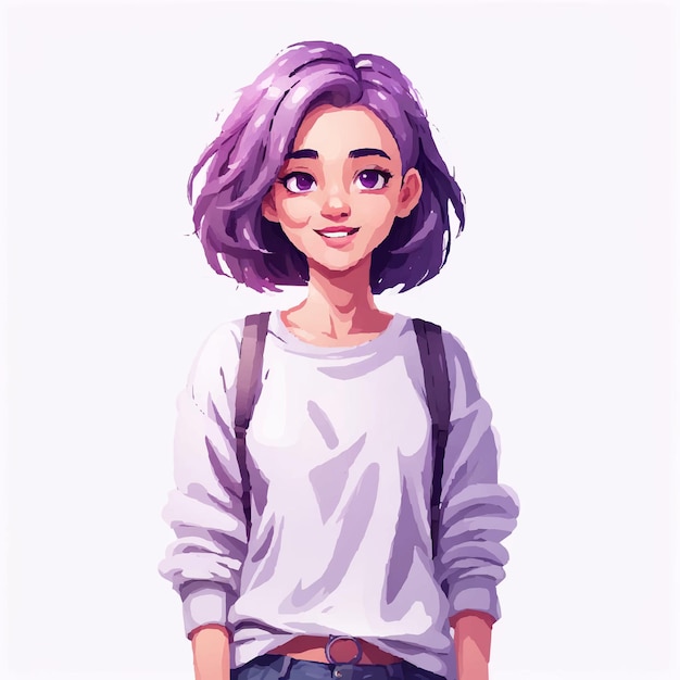 Vector drawing of a girl with purple hair and a backpack