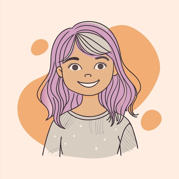 a drawing of a girl with purple hair and a yellow background