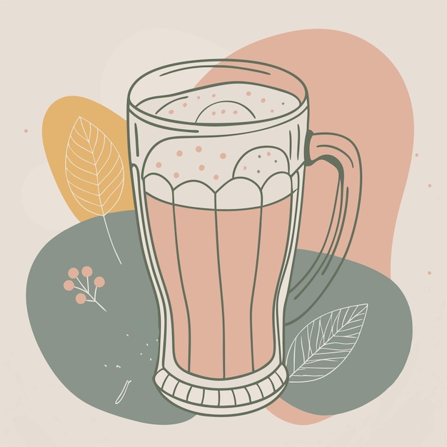 a drawing of a glass of beer with leaves and a leaf on it