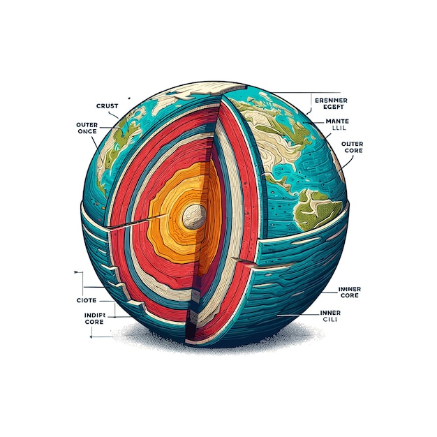 Vector a drawing of a globe earth with a cutaway section revealing its internal structure