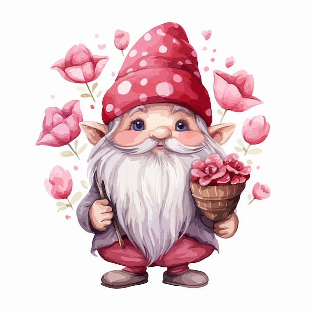 a drawing of a gnome with a basket of flowers and a basket of flowers