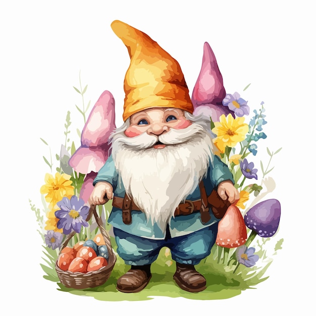 a drawing of a gnome with eggs and a basket of eggs