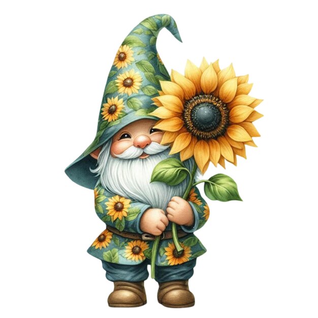 Vector a drawing of a gnome with a flower on his hat