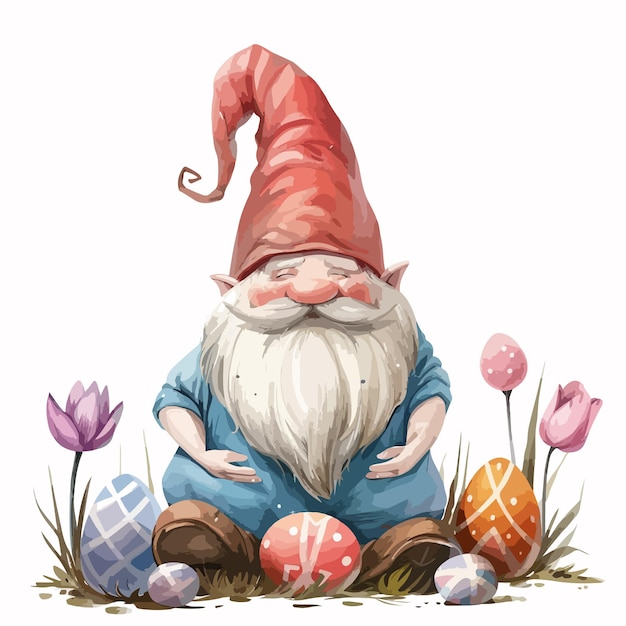 a drawing of a gnome with a hat and flowers