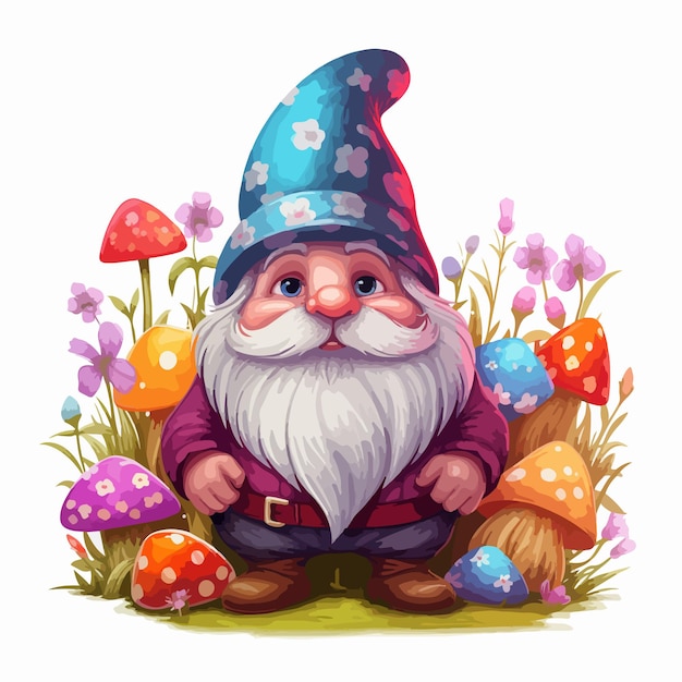 a drawing of a gnome with a hat and mushrooms