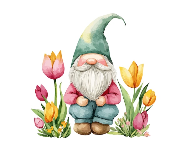 a drawing of a gnome with a hat and a tulip in the background