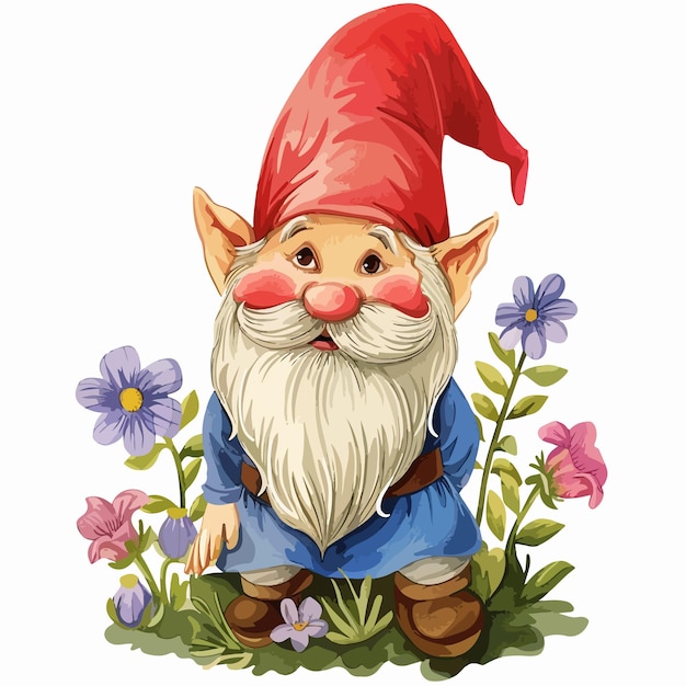 a drawing of a gnome with a red hat and a blue sweater