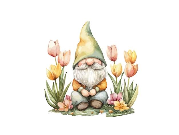 Vector a drawing of a gnome with tulips and tulips