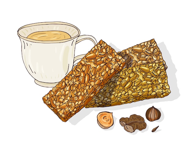 Drawing of Gozinaki and cup of tea. Delicious Georgian dessert made of caramelized nuts.