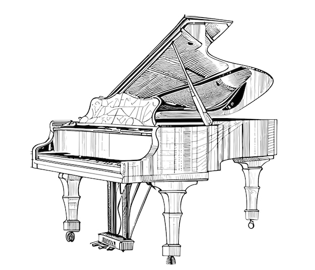 A drawing of a grand piano with the word grand on it.