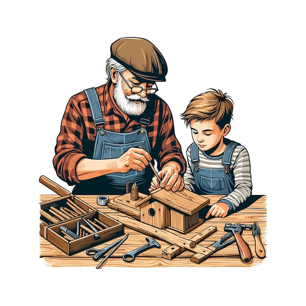 Vector a drawing of a grandfather and his son building a building with wood blocks