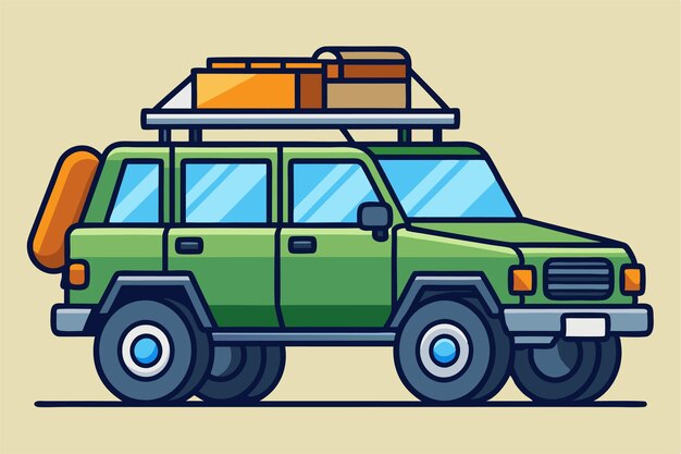 Vector a drawing of a green jeep with a flat tire