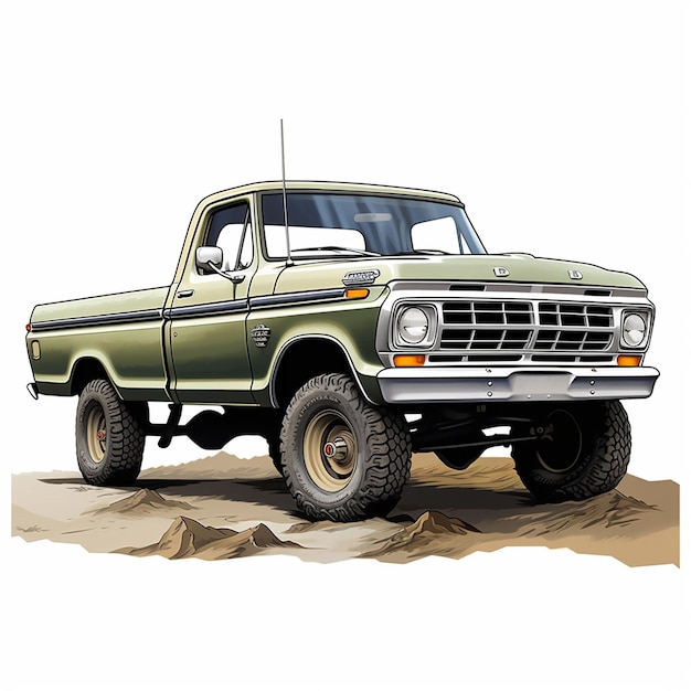 Vector a drawing of a green truck with the headlights on