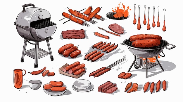 a drawing of a grill hot dogs and a pan of sausages