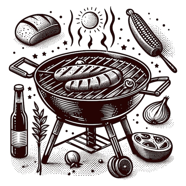 a drawing of a grill with a pan of food and a bottle of wine