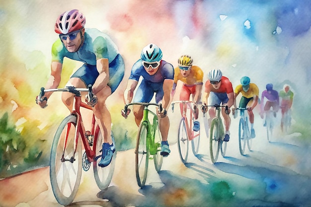 A drawing of a group of bicyclists riding down a road watercolor design