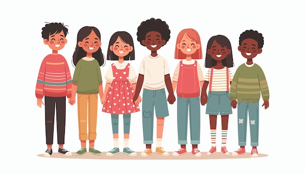 a drawing of a group of kids with different outfits