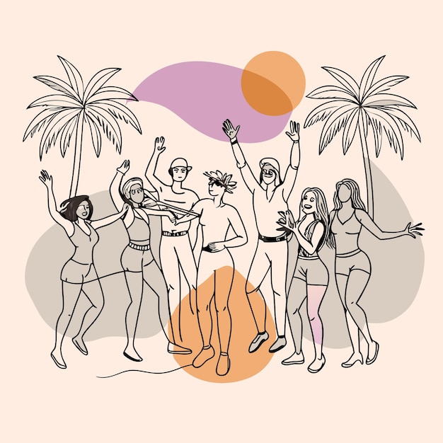 Vector a drawing of a group of people around a fire with palm trees in the background