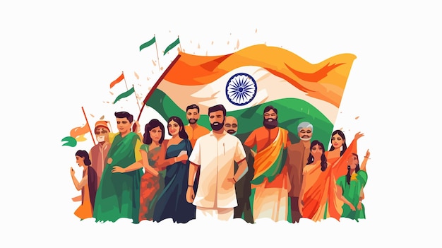 a drawing of a group of people with the national flag