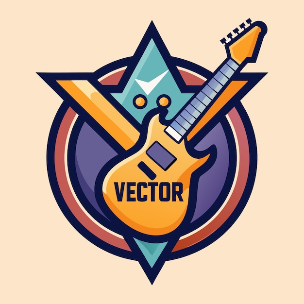 a drawing of a guitar and a blue and red logo with a blue and orange background