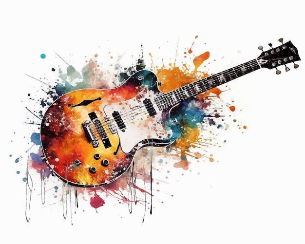 a drawing of a guitar with a colorful background