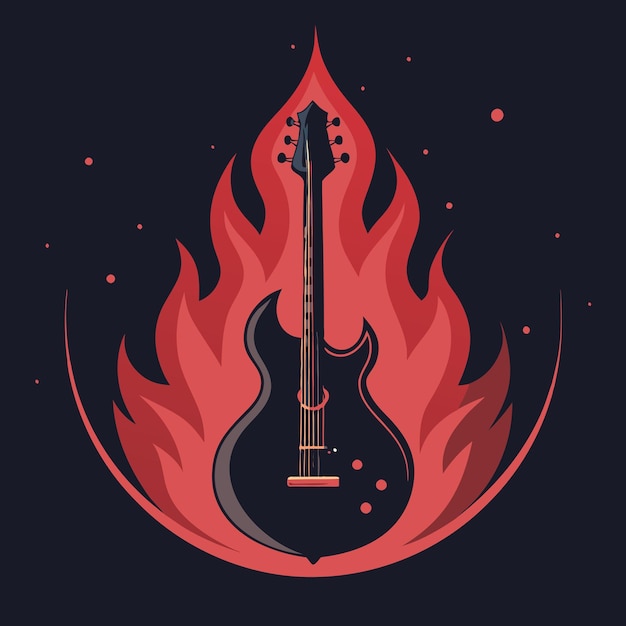 a drawing of a guitar with flames and a red background