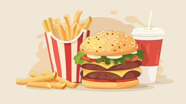 a drawing of a hamburger and fries with a cup of coffee