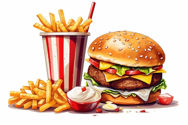 a drawing of a hamburger and fries with a cup of yogurt next to it