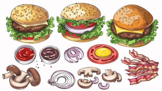 Vector a drawing of a hamburger and a hamburger with onions and onions