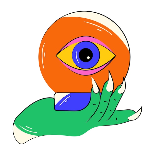 Vector a drawing of a hand with a large eye and a green feather.