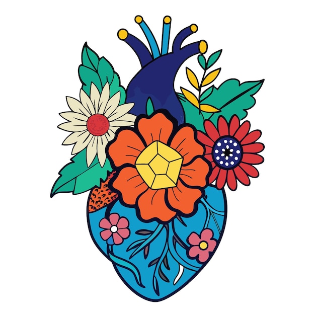 a drawing of a heart with flowers and a bird on it