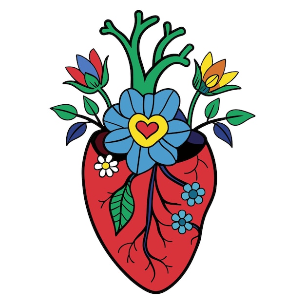 a drawing of a heart with flowers and a heart on it