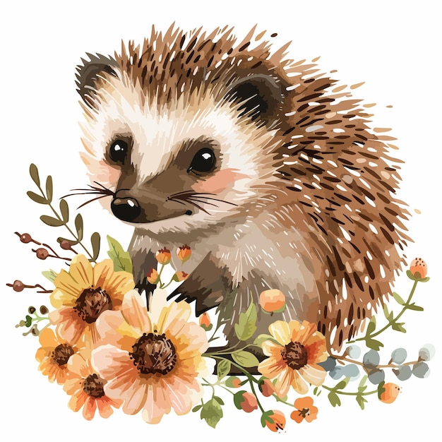 Vector a drawing of a hedgehog with flowers and a picture of a hedgehog