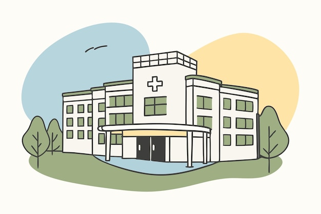 a drawing of a hospital with a cross on it