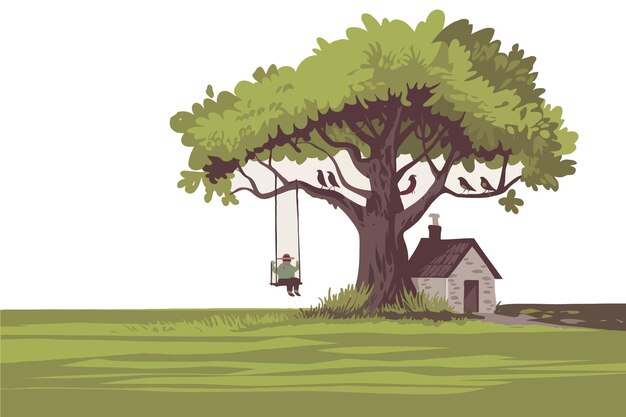 Vector a drawing of a house and a tree with a house in the background