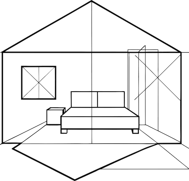 Vector a drawing of a house with a couch and a window