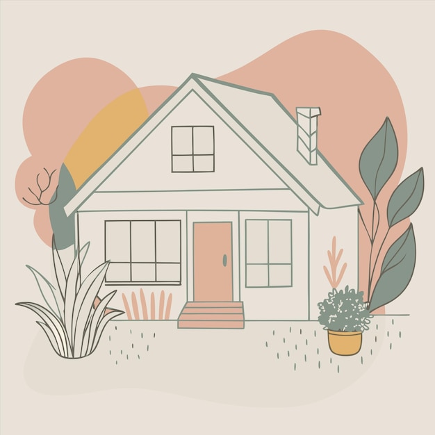 Vector a drawing of a house with a plant and a plant in the foreground