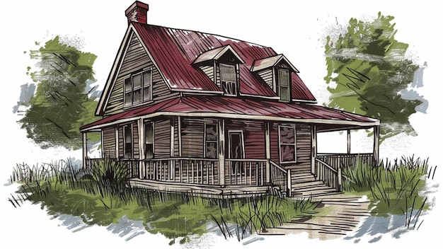 a drawing of a house with a red roof and a porch