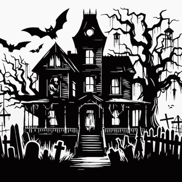 a drawing of a house with a scary house in the background