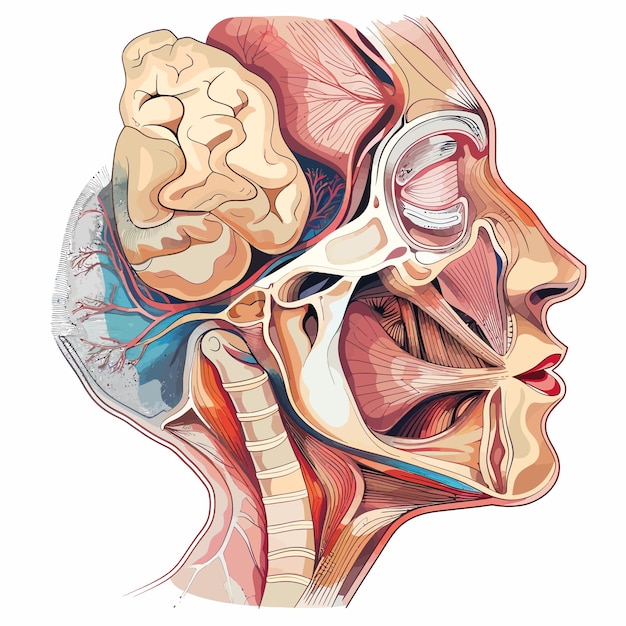 Vector a drawing of a human head with the brain labeled with the brain labeled brain