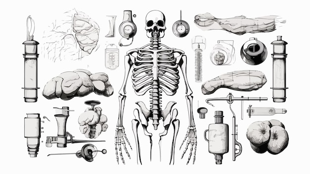 Vector a drawing of a human skeleton with a lot of labels including the skeleton