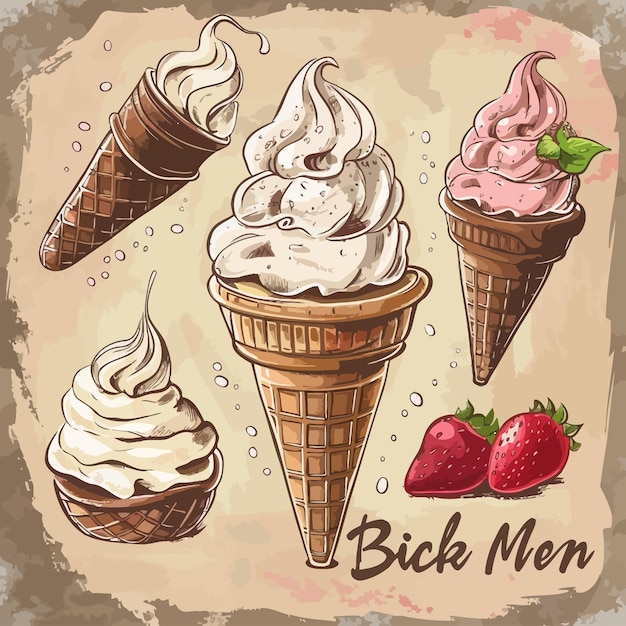 a drawing of ice cream cones with a picture of a strawberry on it