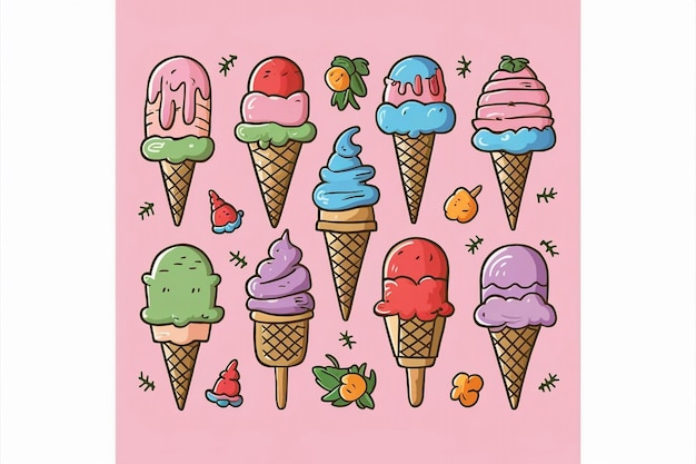 a drawing of ice cream cones with a pink background