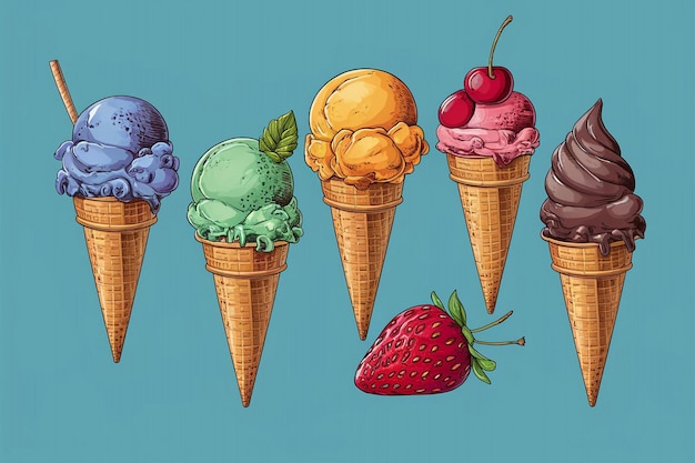 a drawing of ice cream cones with a strawberry on it