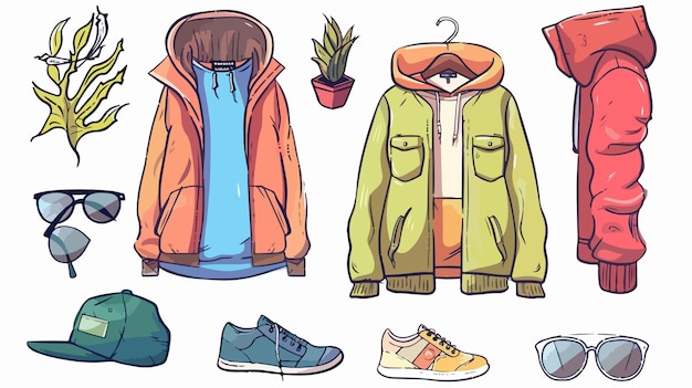 a drawing of a jacket and shoes with a blue shirt on it