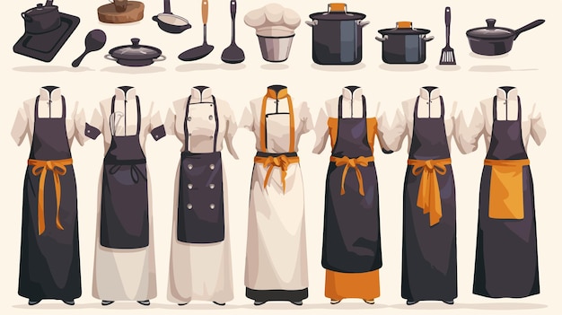 Vector a drawing of a kitchen with aprons and pots